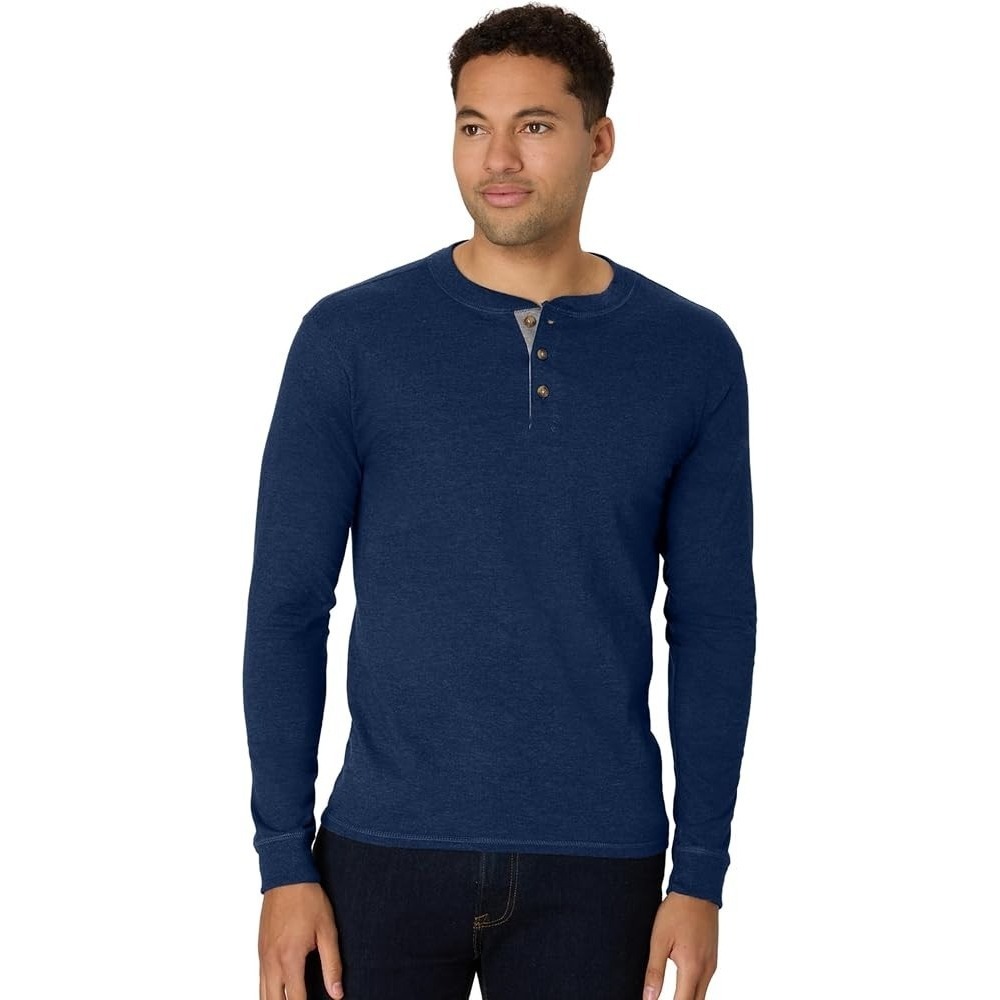Men's Hanes Beefy Henley Shirt‎ in Navy Heather, 2X-Large (50/52) - New